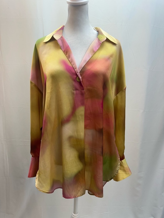 Zara Tops - Zara Yellow Pink Green Watercolor single Button-Front Pull Over Blouse S